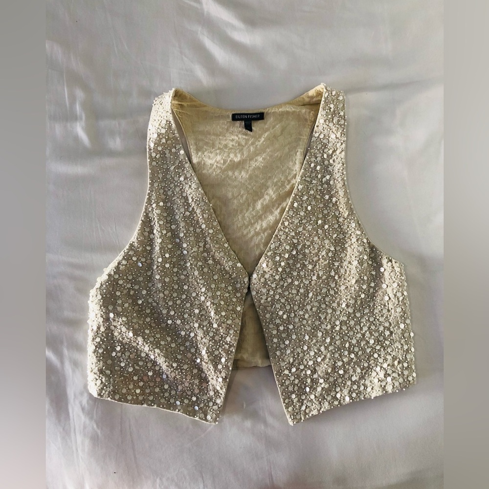 Eileen Fisher Cream Sequin Sleeveless Vest